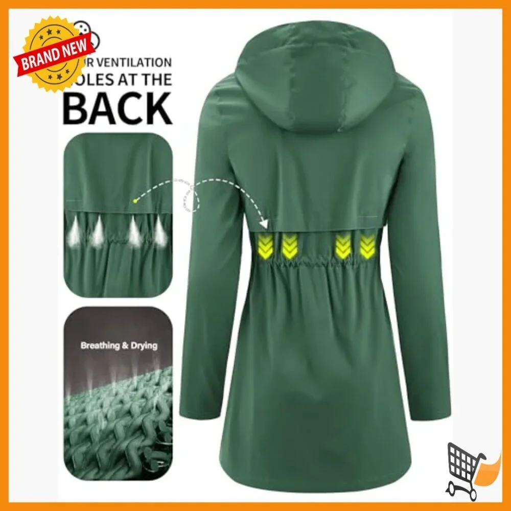 Women's Waterproof Trench Coat Packable Hooded Rain Jacket Outdoor